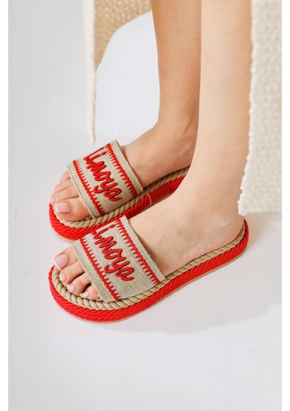 Vasana Kırmızı Yumuşak Dokulu Kalın Tabanlı Halat Terlik modelleri