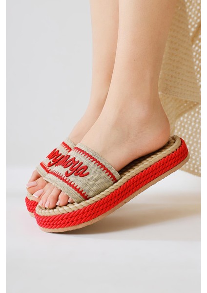 Vasana Kırmızı Yumuşak Dokulu Kalın Tabanlı Halat Terlik fırsatları