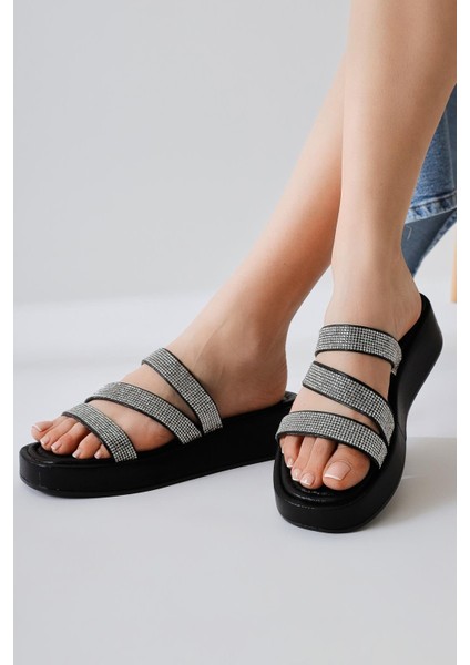 Vinita Siyah Üç Bantlı Taşlı Terlik fiyatları