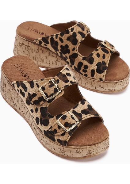 Samina Leopar Desenli Çift Bantlı Dolgu Topuklu Kadın Terlik