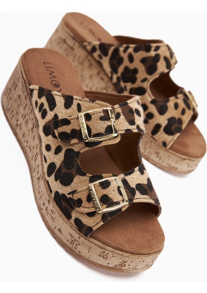 Samina Leopar Desenli Çift Bantlı Dolgu Topuklu Kadın Terlik modelleri