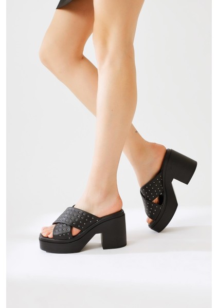 Zion Siyah Kalın Çapraz Bantlı Zımba Detaylı Platformlu Terlik fiyatları