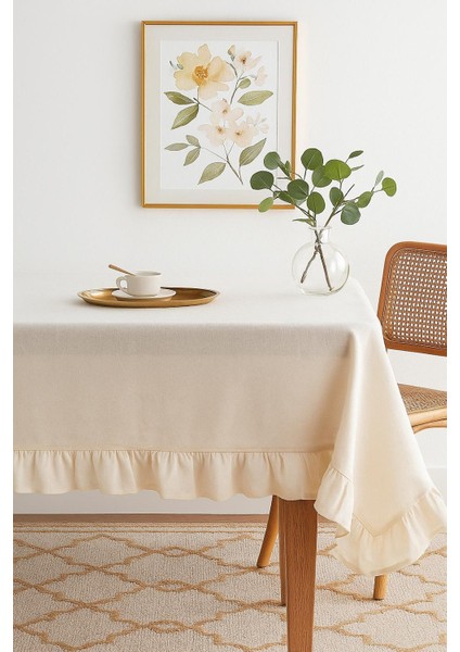 Pera Naturel Ham Keten Fırfırlı Masa Örtüsü-Rustik, El Dikişi 110x110 cm