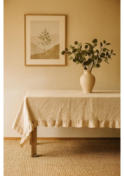 Pera Naturel Ham Keten Fırfırlı Masa Örtüsü-Rustik, El Dikişi 110x110 cm modelleri