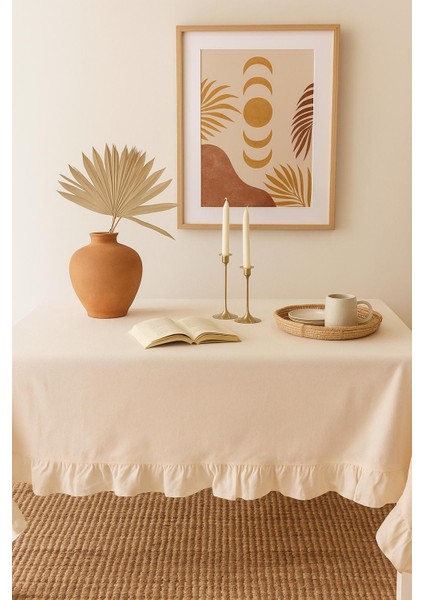 Pera Naturel Ham Keten Fırfırlı Masa Örtüsü-Rustik, El Dikişi 110x110 cm indirimleri