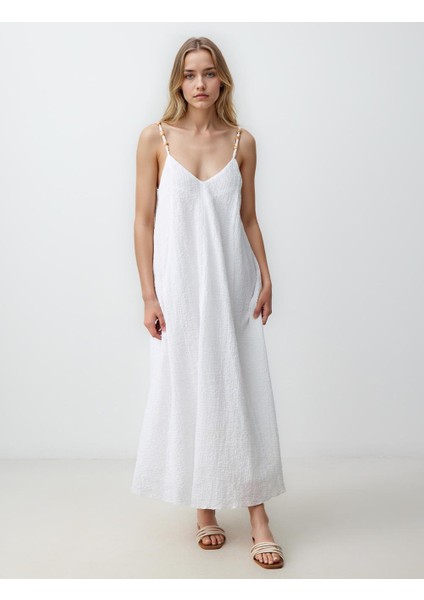Ekru Rahat Kesim Askılı V Yaka Uzun Elbise
