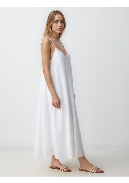 Ekru Rahat Kesim Askılı V Yaka Uzun Elbise fiyatları