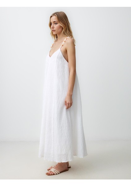 Ekru Rahat Kesim Askılı V Yaka Uzun Elbise modelleri