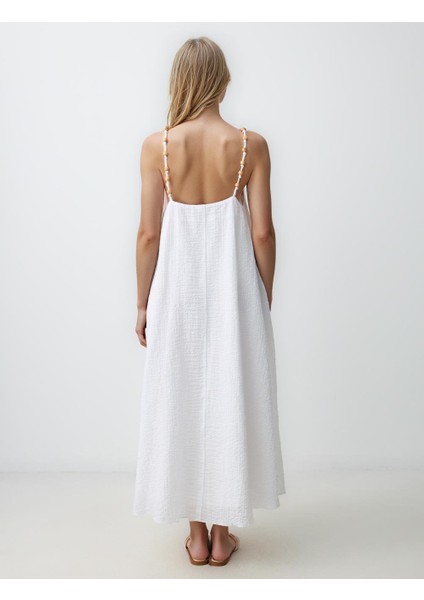 Ekru Rahat Kesim Askılı V Yaka Uzun Elbise indirimleri