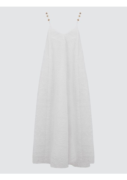 Ekru Rahat Kesim Askılı V Yaka Uzun Elbise