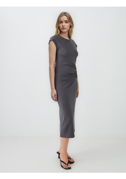 Antrasit Bisiklet Yaka Beli Büzgülü Kısa Kollu Uzun Elbise fiyatları