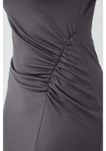 Antrasit Bisiklet Yaka Beli Büzgülü Kısa Kollu Uzun Elbise fırsatları