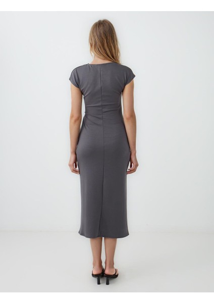 Antrasit Bisiklet Yaka Beli Büzgülü Kısa Kollu Uzun Elbise indirimleri