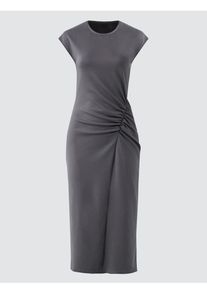Antrasit Bisiklet Yaka Beli Büzgülü Kısa Kollu Uzun Elbise