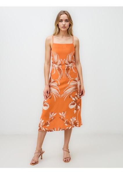 Turuncu Floral Desenli Askılı Düz Yaka Midi Elbise