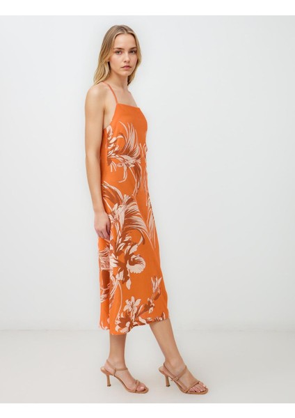 Turuncu Floral Desenli Askılı Düz Yaka Midi Elbise modelleri