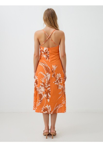 Turuncu Floral Desenli Askılı Düz Yaka Midi Elbise indirimleri