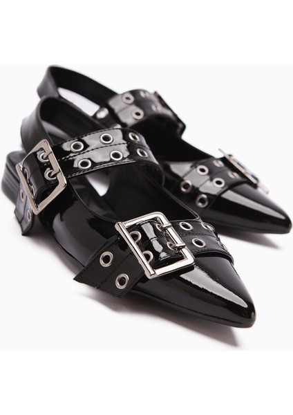 Davin Siyah Rugan Kemerli Sivri Burunlu Kadın Sandalet fırsatları