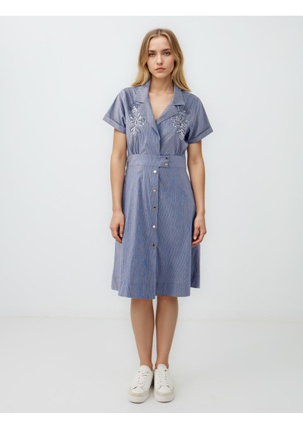 Lacivert Kruvaze Yaka Kısa Kollu Desenli Midi Elbise
