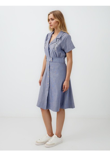 Lacivert Kruvaze Yaka Kısa Kollu Desenli Midi Elbise fiyatları