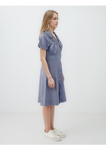 Lacivert Kruvaze Yaka Kısa Kollu Desenli Midi Elbise modelleri