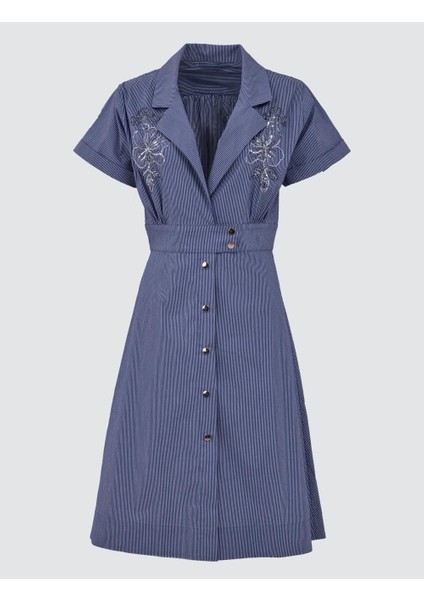 Lacivert Kruvaze Yaka Kısa Kollu Desenli Midi Elbise