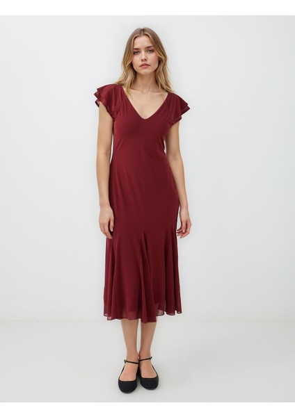 Bakır V Yaka Kısa Kollu Dar Kesim Örme Midi Elbise