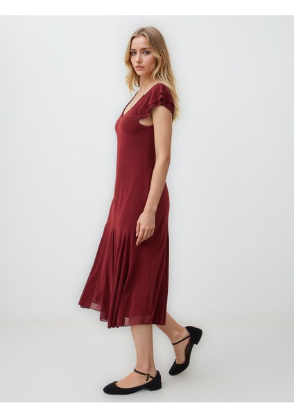 Bakır V Yaka Kısa Kollu Dar Kesim Örme Midi Elbise fiyatları