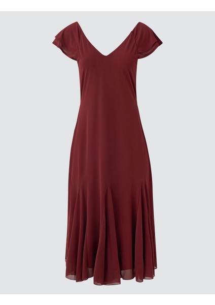 Bakır V Yaka Kısa Kollu Dar Kesim Örme Midi Elbise