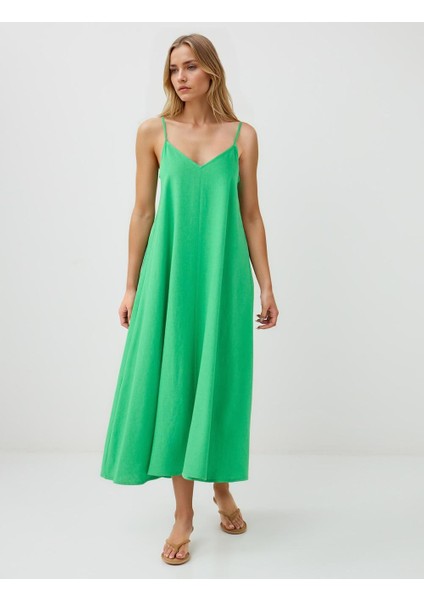 Yeşil Askılı V Yaka Keten Karışımlı Midi Elbise