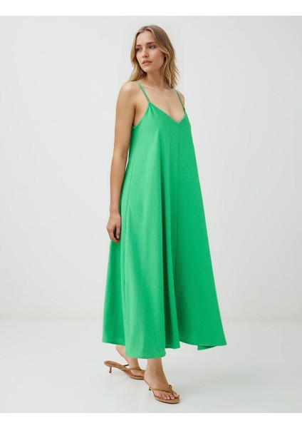 Yeşil Askılı V Yaka Keten Karışımlı Midi Elbise fiyatları