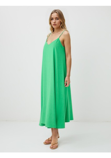 Yeşil Askılı V Yaka Keten Karışımlı Midi Elbise modelleri