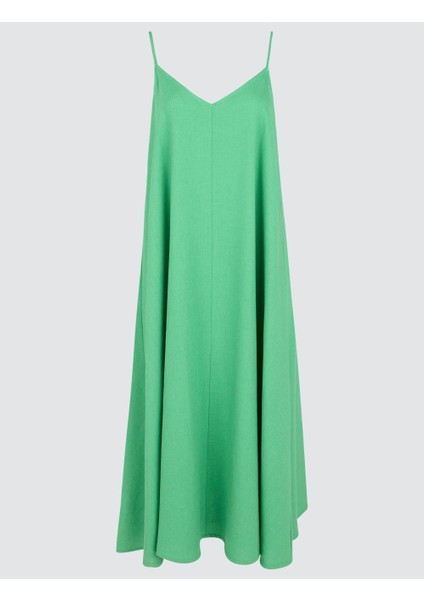 Yeşil Askılı V Yaka Keten Karışımlı Midi Elbise