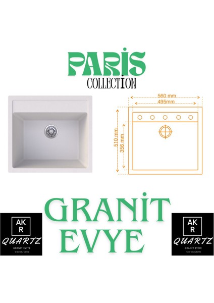 56X50 cm Beyaz Granit Tezgah Üstü Evye, Şık ve Dayanıklı Tasarım