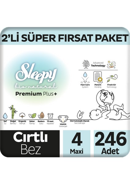 Bio Natural Premium Plus 2'li Süper Fırsat Paketi Bebek Bezi 4 Numara Maxi 246 Adet