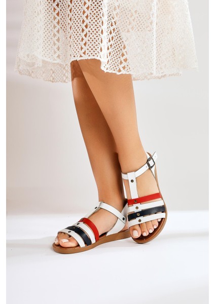 Hakiki Deri Akira Beyaz Dört Bantlı Sandalet