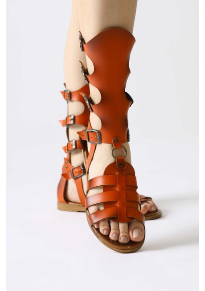 Hakiki Deri Baisa Oranj Toka Detaylı Düz Tabanlı Sandalet fırsatları