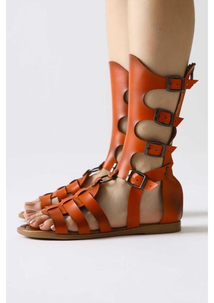 Hakiki Deri Baisa Oranj Toka Detaylı Düz Tabanlı Sandalet indirimleri