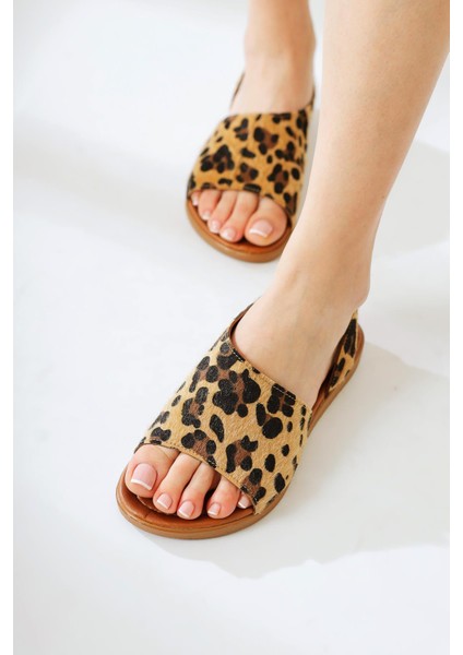 Hakiki Deri Kaia Leopar Desenli Sandalet