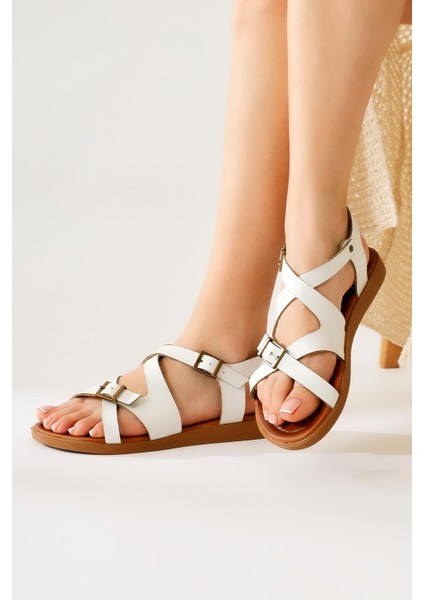 Hakiki Deri Belize Beyaz Çapraz Bantlı Sandalet fiyatları