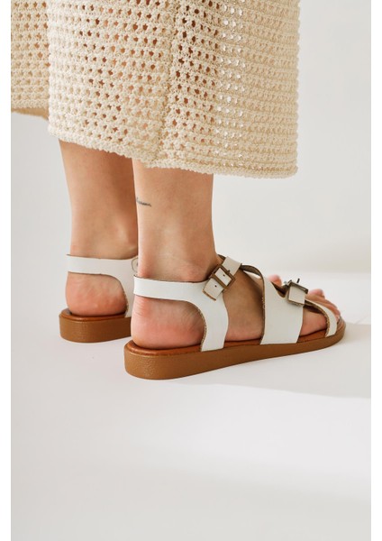 Hakiki Deri Belize Beyaz Çapraz Bantlı Sandalet fırsatları