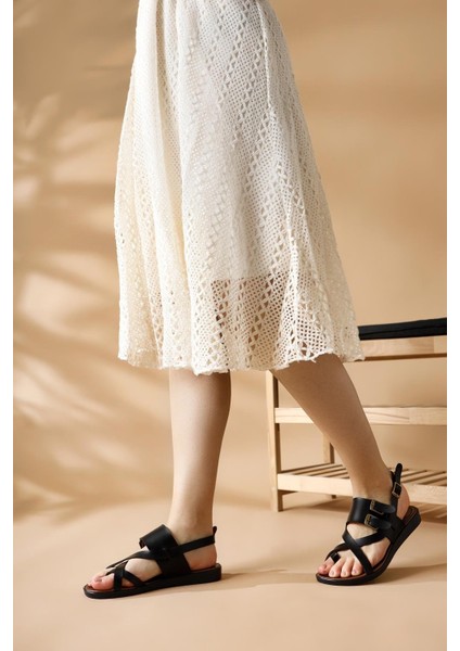 Hakiki Deri Doraseos Toka Detaylı Siyah Gladyatör Sandalet modelleri