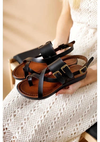 Hakiki Deri Doraseos Toka Detaylı Siyah Gladyatör Sandalet fırsatları