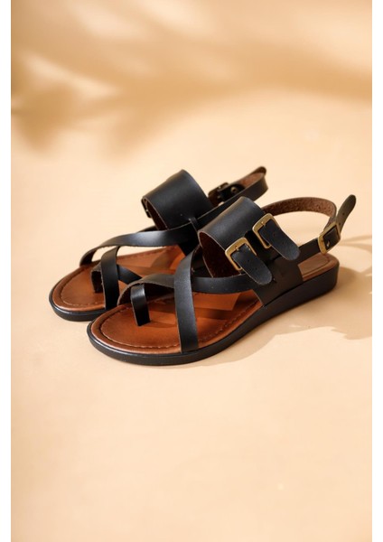 Hakiki Deri Doraseos Toka Detaylı Siyah Gladyatör Sandalet indirimleri