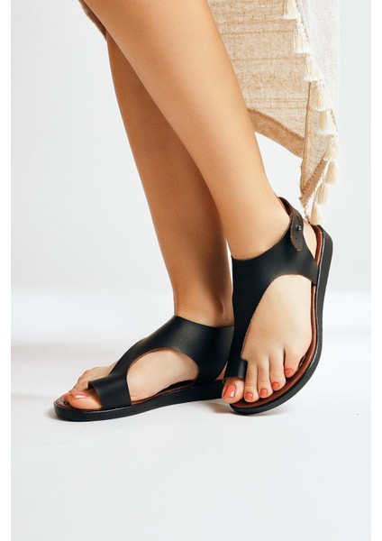 Hakiki Deri Laili Siyah Parmak Arası Sandalet modelleri