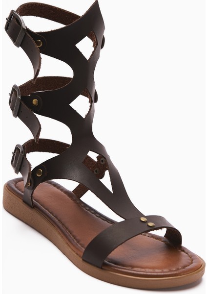 Hakiki Deri Hill Kahve Gladyatör Sandalet