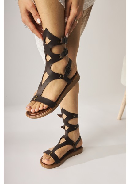 Hakiki Deri Hill Kahve Gladyatör Sandalet modelleri