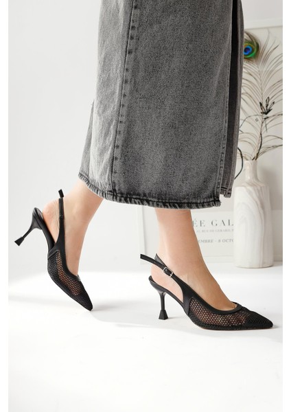 Giovana Siyah Sivri Burunlu Fileli Topuklu Sandalet modelleri