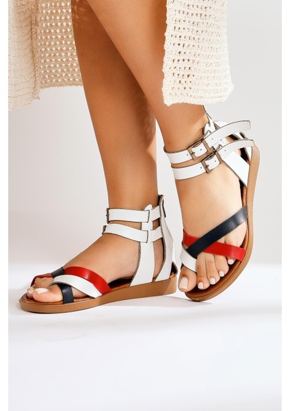 Hakiki Deri Beatrize Beyaz Çift Tokalı Gladyatör Sandalet