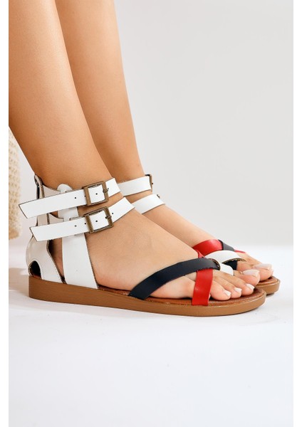 Hakiki Deri Beatrize Beyaz Çift Tokalı Gladyatör Sandalet modelleri